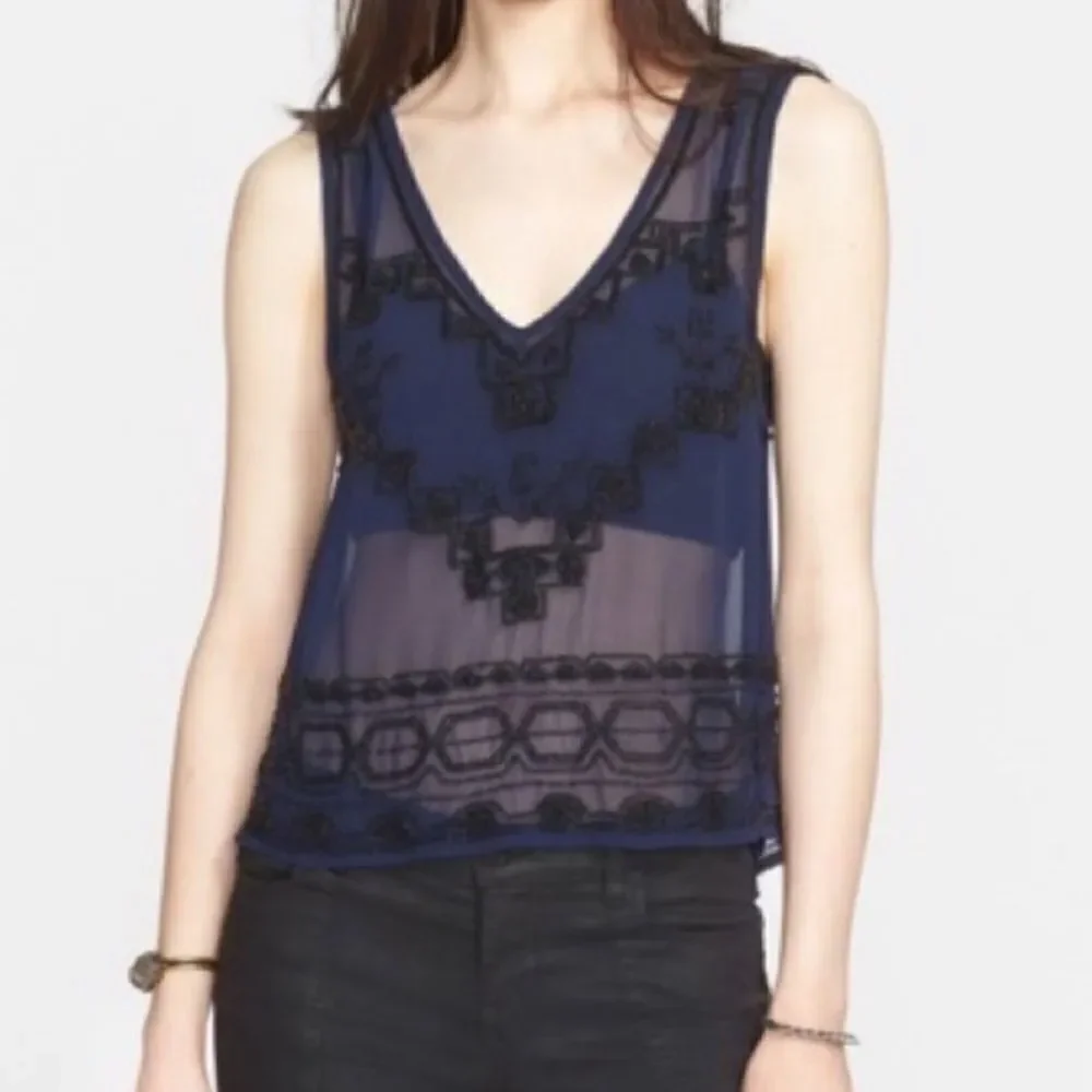 Free People Navy Blue Sheer Beaded Run With It Tank Top